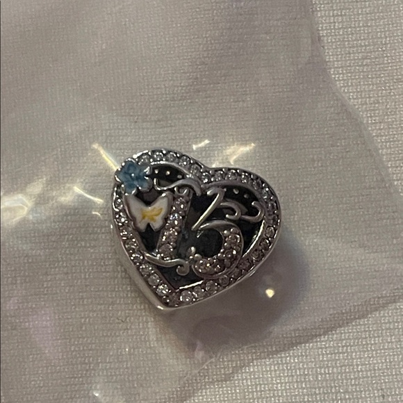 Heart-Shaped925 Sterling Silver Charm “15” with Blue and Yellow Accents - Picture 1 of 2